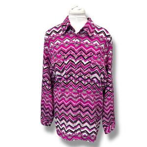 Kim Rogers Curvy Womens 3X Long Sleeve Button-Up Chevron Zigzag Print Blouse